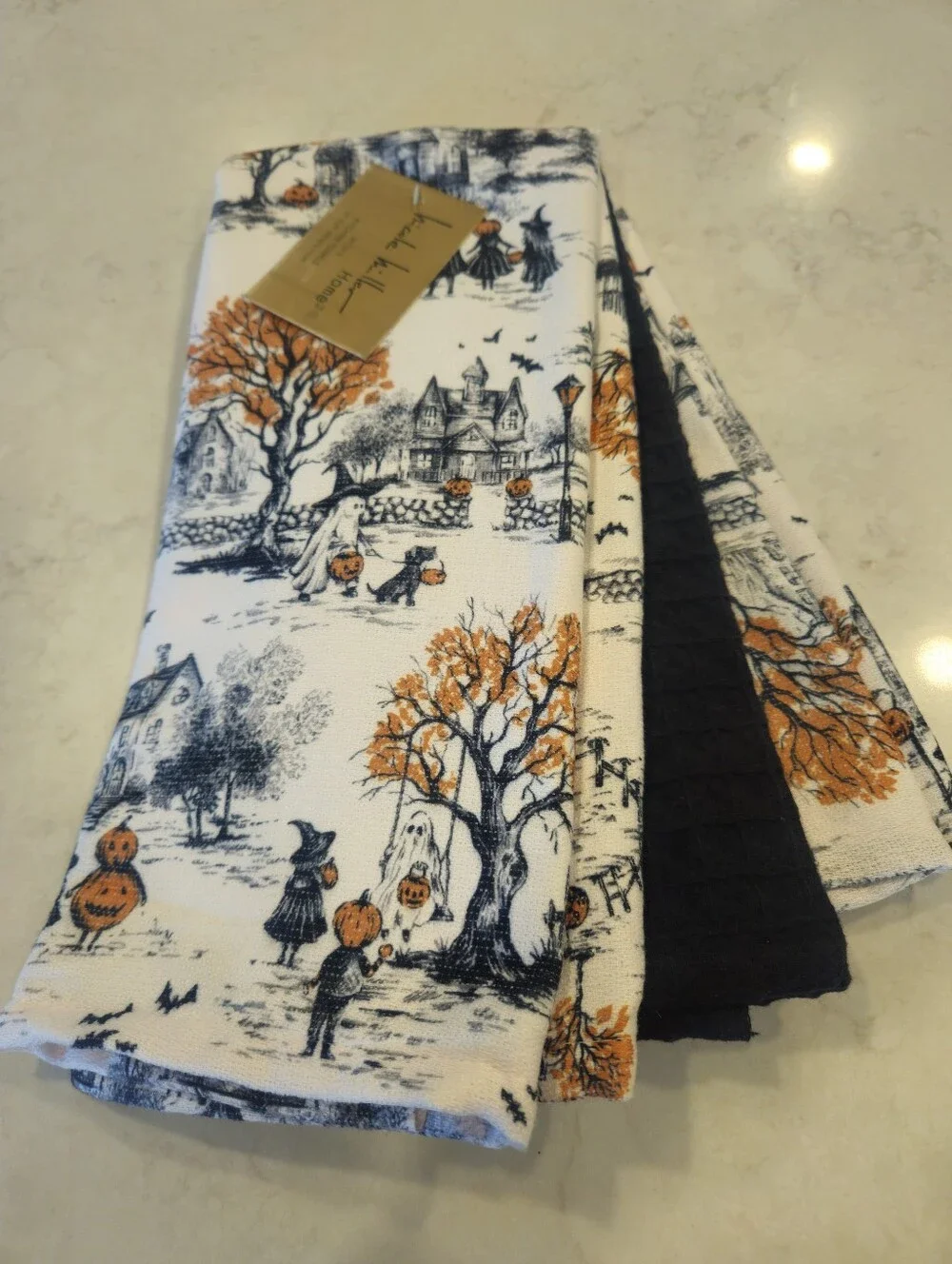 Nicole Miller Halloween Kitchen Towels Set of 3 Toile Ghost Witch Haunted House